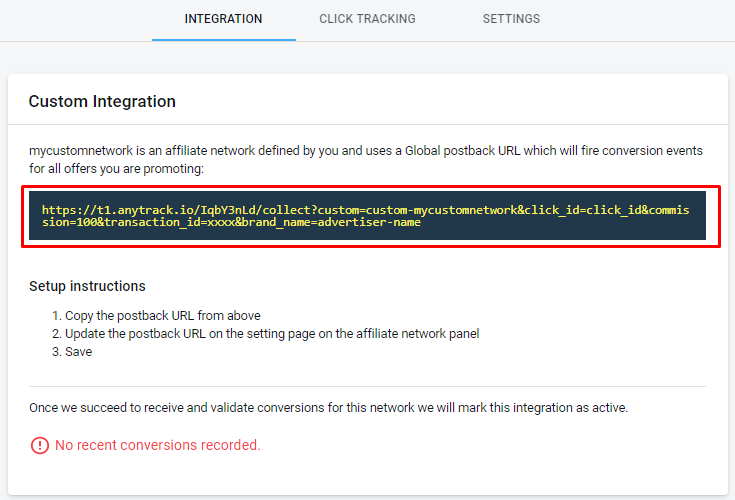 anytrack custom affiliate network postback url